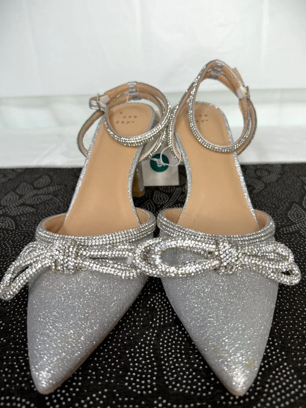 A New Day Carmin Pointed‎ Silver Rhinestone Bow Ankle Strap Shoes Woman's size 9